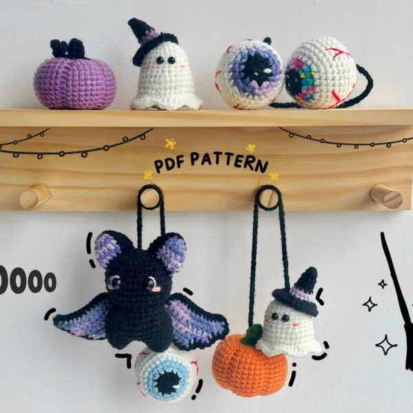 Bundle Halloween Car Hanging, Ghost, Bat, Eyes, Pumpkin Crochet Pattern, Halloween Crochet Patterns