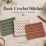 Sage, cream and terracotta crochet swatches with yarn balls and a wooden crochet hook on ivory linen.