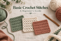 Sage, cream and terracotta crochet swatches with yarn balls and a wooden crochet hook on ivory linen.