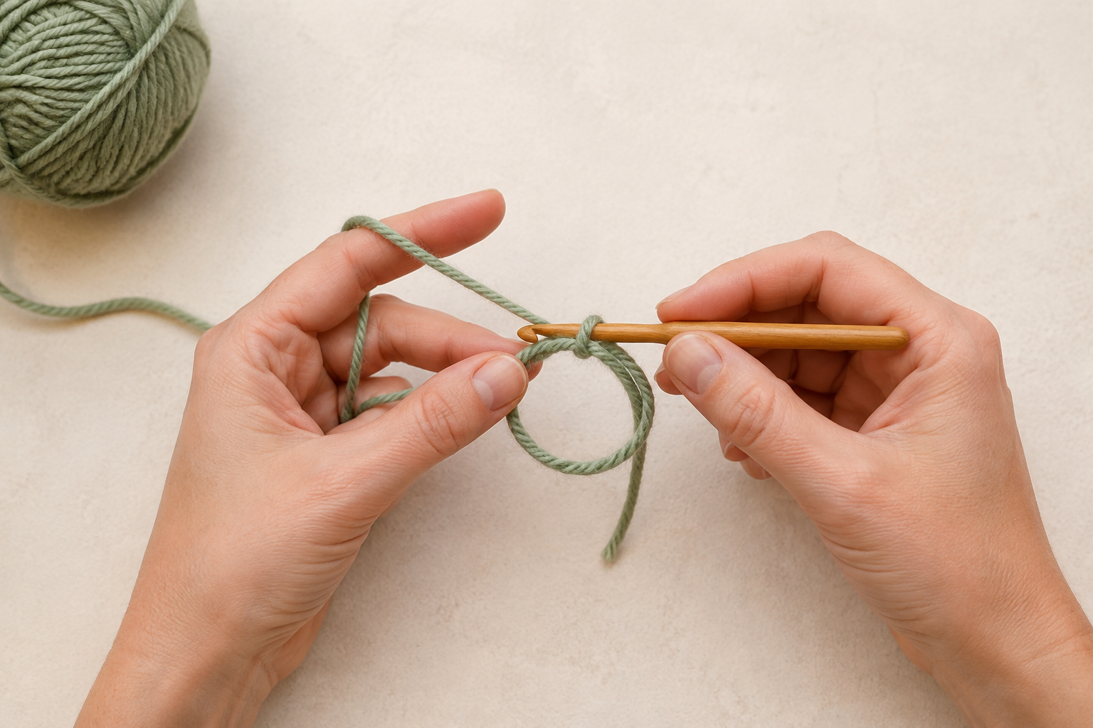 How to make a magic circle in crochet with sage green yarn and a wooden hook