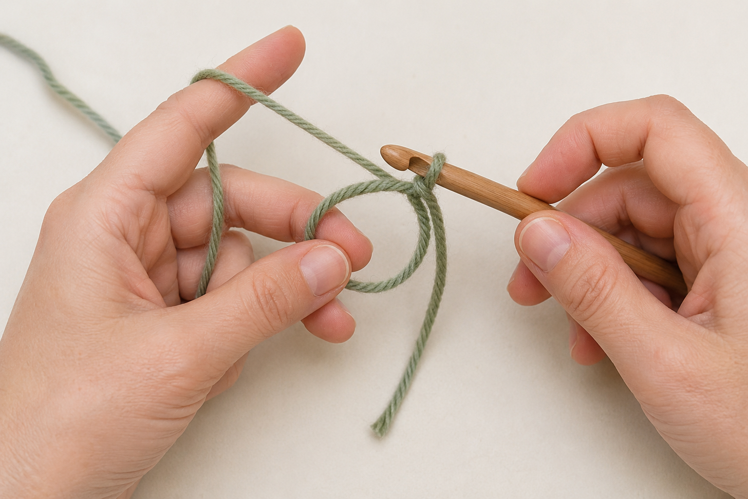Crochet hook pulling working yarn through an adjustable magic ring