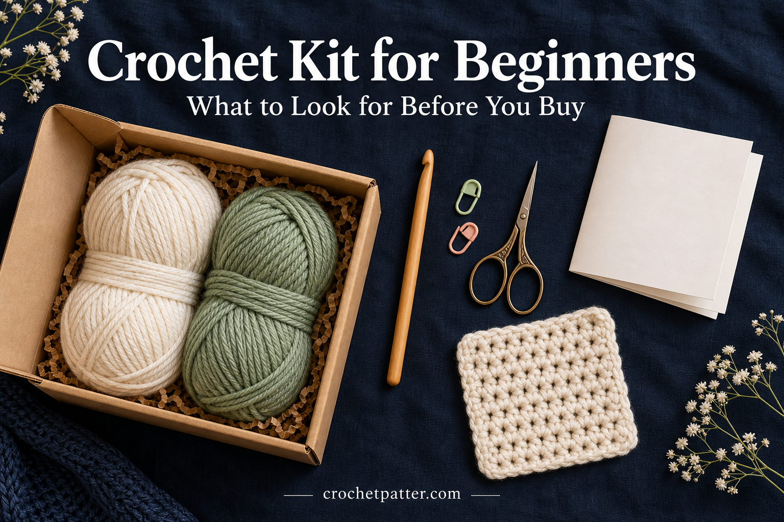 Crochet kit supplies with cream and sage yarn, a wooden hook, scissors, stitch markers and a practice square on a dark background.
