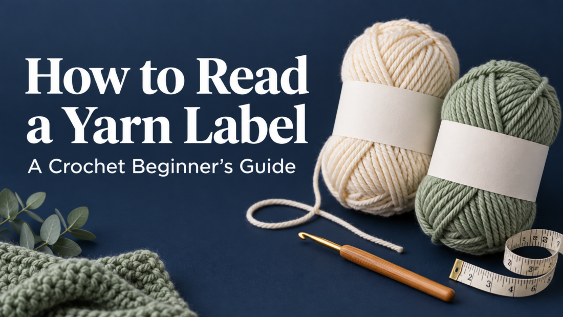 Cream and sage yarn skeins with blank paper bands, a crochet hook and measuring tape on a navy background, beside the title How to Read a Yarn Label.