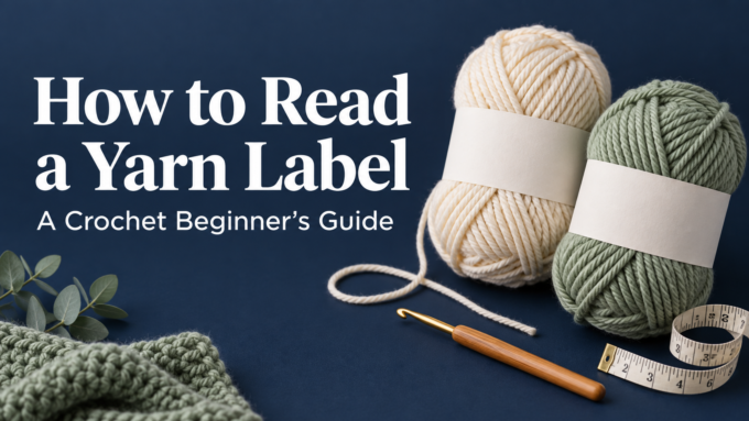 Cream and sage yarn skeins with blank paper bands, a crochet hook and measuring tape on a navy background, beside the title How to Read a Yarn Label.